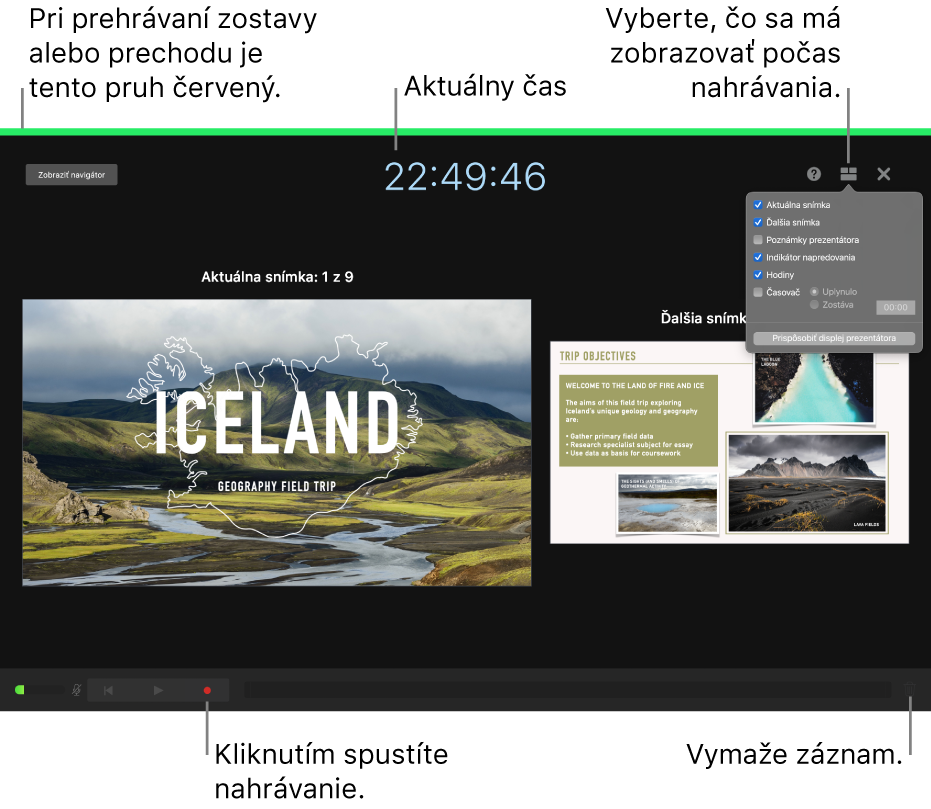 Snímka obrazovka režimu hlasového záznamu na displeji prezentátora. Sú viditeľné aktuálna a nasledujúca snímka, aktuálny čas a ovládanie displeja prezentátora. Ovládanie sa spustenie a ukončenie záznamu a ovládanie na vymazanie záznamu sa zobrazuje v blízkosti dolnej strany displeja.