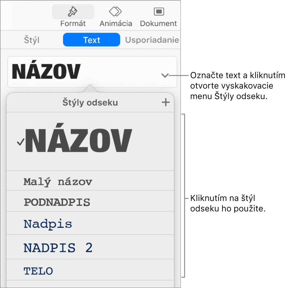 Menu Štýly odseku so symbolom zaškrtnutia vedľa označeného štýlu.