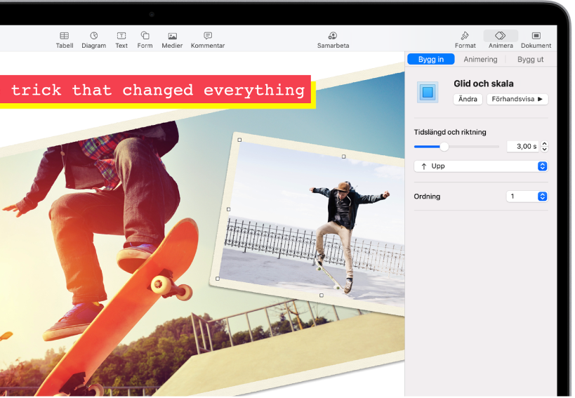 Animeringsreglagen för att lägga till animering till den markerade bilden. Knapparna Bygg in, Animering och Bygg ut finns högst upp i sidofältet. Bygg in är markerad och visar reglage för effekten Glid och skala.