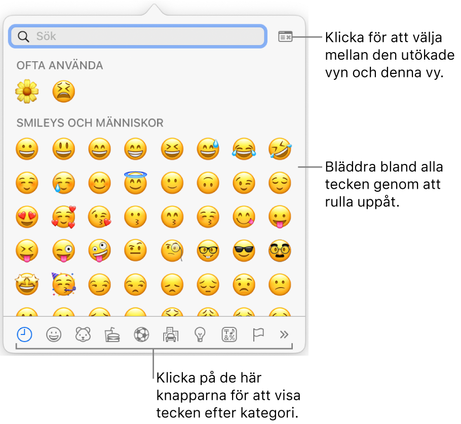 Popuprutan Specialtecken med emoticonsymboler, knappar för olika typer av symboler längst ned och en linje som pekar på knappen för att visa hela teckenfönstret.