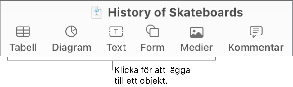 Verktygsfältet i Keynote med knappar som används till att lägga till ett objekt på en diabild.