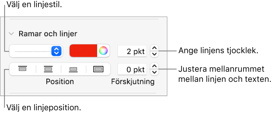 Reglage som ändrar linjens stil, tjocklek, placering och färg.