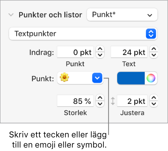 Avsnittet Punkter och listor i formatsidofältet. Fältet Punkt visar en blomemoji.