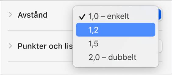 Popupmenyn Avstånd med Enkelt, Dubbelt och andra alternativ.