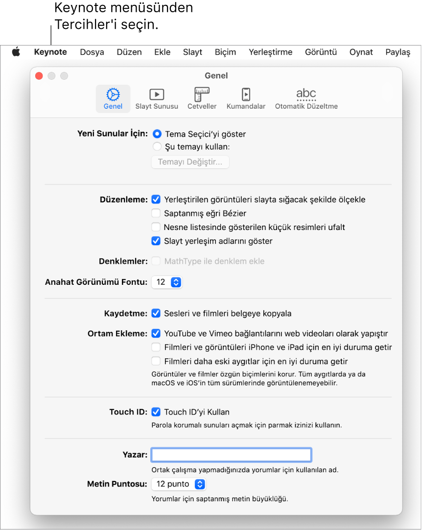 Keynote tercihler penceresi Genel bölmesinde açılır.