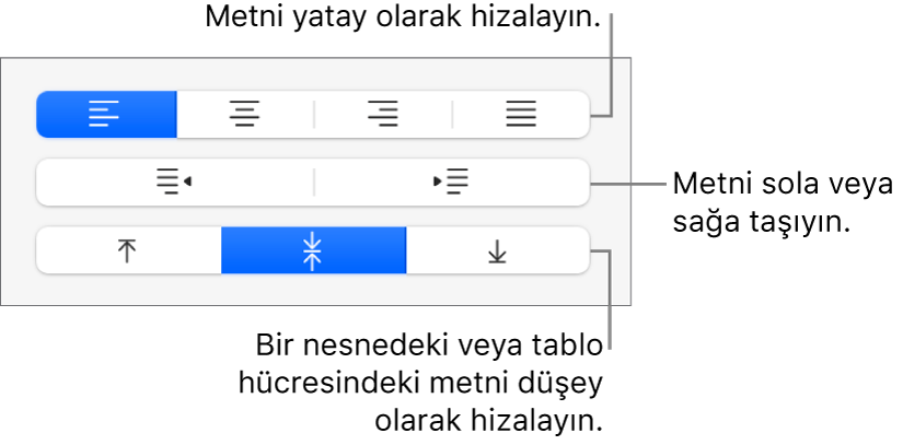 Metni dikey olarak hizalama, metni sola veya sağa taşıma ve metni dikey olarak hizalama düğmelerini gösteren kenar çubuğunun Hizalama bölümü.