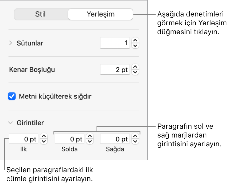 İlk satır girintisini ve paragraf marjlarını ayarlama denetimlerini gösteren Biçim kenar çubuğunun Yerleşim bölümü.