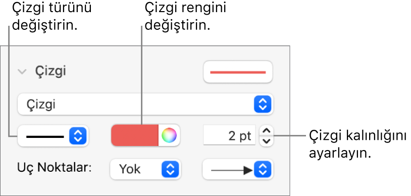 Uç noktaları, çizgi kalınlığını ve rengi ayarlamak için çizgi denetimleri.