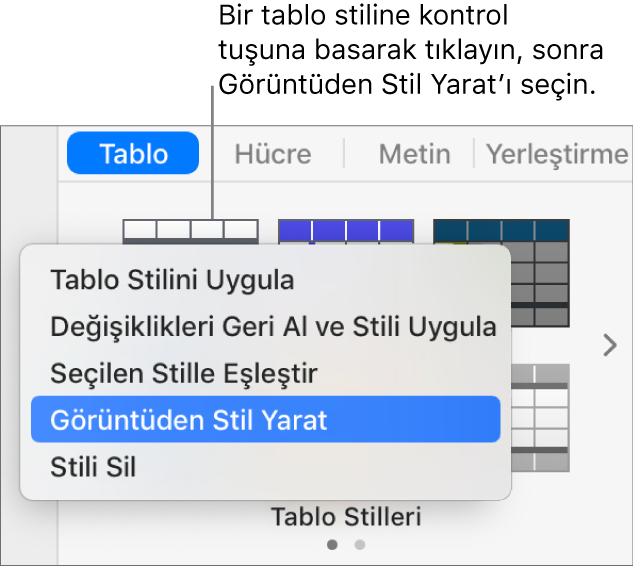 Tablo stili kestirme menüsü.