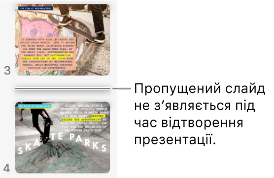 Навігатор слайдів із пропущеним слайдом у вигляді горизонтальної лінії.