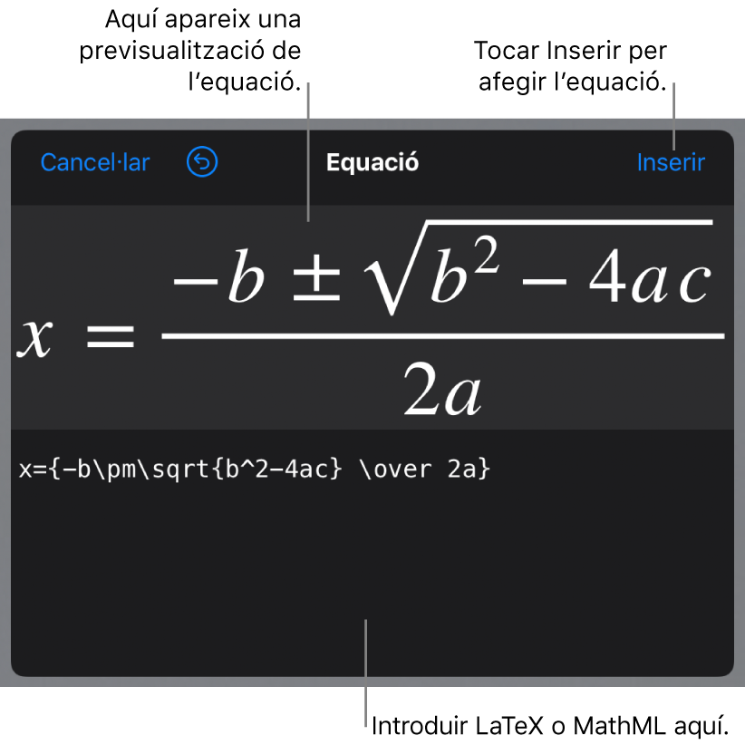 El quadre de diàleg Equació amb la fórmula quadràtica escrita amb les ordres LaTeX i una previsualització de la fórmula al damunt.