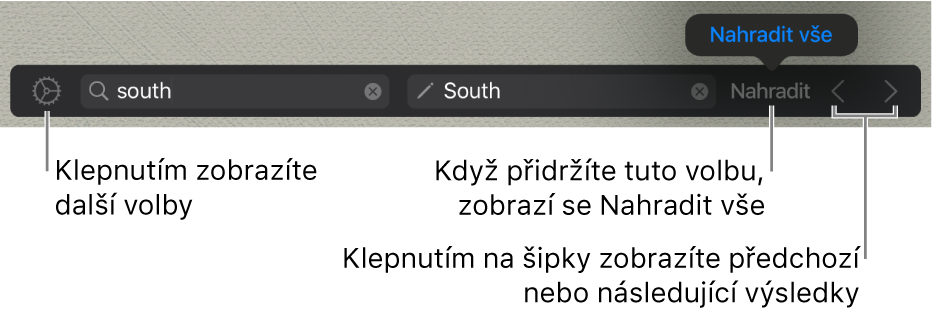 Ovládací prvky pro hledání a nahrazování textu