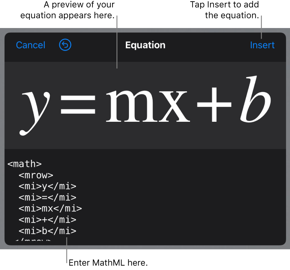 MathML code for the equation for the slope of a line and a preview of the formula above.