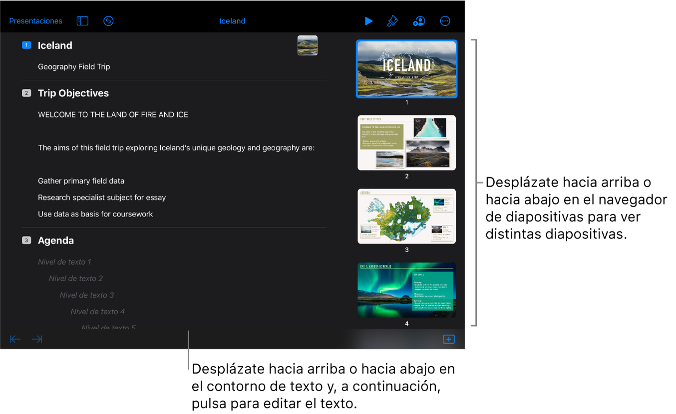 La vista de esquema con el esquema de texto en la parte izquierda de la pantalla, y el navegador de diapositivas vertical en la parte derecha.