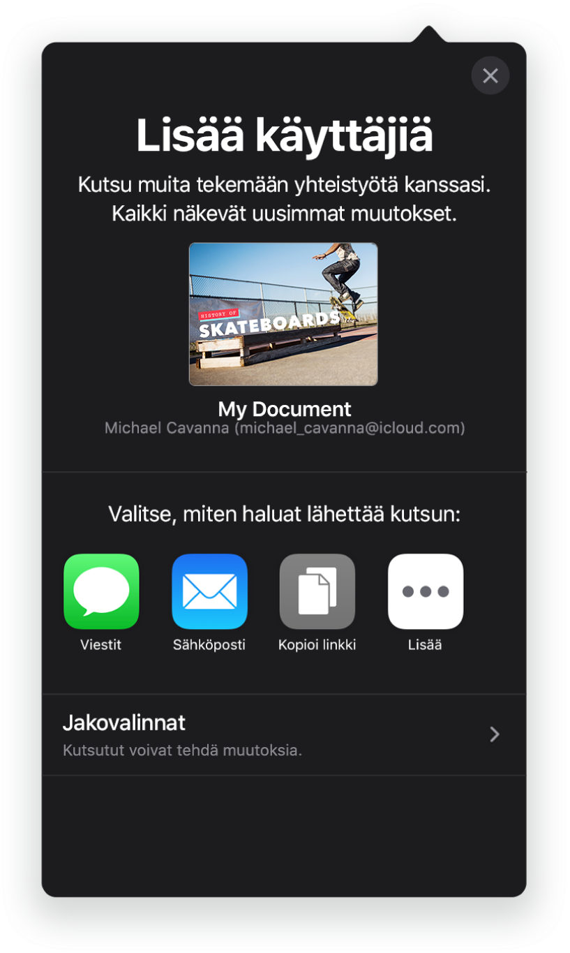 Lisää ihmisiä -näytöllä näkyy kuva esityksestä, jota ollaan jakamassa. Alapuolella on painikkeita kutsun lähettämiseen. Vaihtoehtoina ovat muun muassa Mail ja Kopioi linkki. Alareunassa on Jakovalinnat-painike.