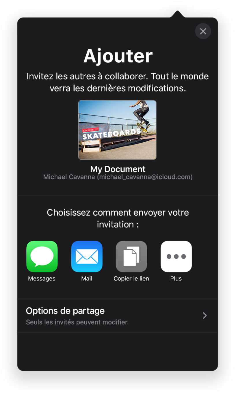 L’écran Ajouter affichant une image de la présentation à partager. On trouve en dessous les différents boutons pour envoyer l’invitation, y compris Mail, Copier le lien et Plus. Le bouton Options de partage se trouve en bas.