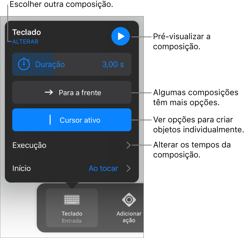 As opções de composição incluem Duração, Execução e Temporização de início. Toque em Alterar para escolher uma composição diferente ou toque em Pré-visualizar para pré-visualizar a composição.