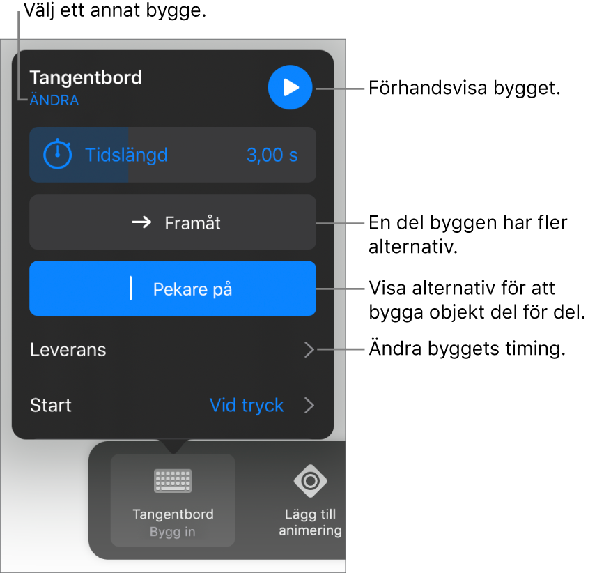 Du kan ange byggalternativ som tidslängd, byggordning och tidsinställningar för start. Tryck på Ändra om du vill välja ett annat bygge, eller tryck på Förhandsvisa om du vill förhandsvisa bygget.