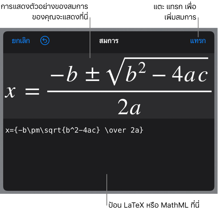 หน้าต่างโต้ตอบสมการ ที่แสดงสูตรกำลังสองที่เขียนโดยใช้คำสั่ง LaTeX และการแสดงตัวอย่างของสูตรด้านบน