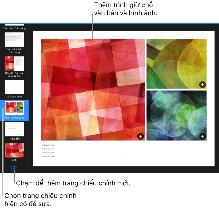 Một trang chiếu chính đang hiển thị trên khung trang chiếu, với nút Thêm trang chiếu chính ở cuối trình điều hướng trang chiếu.