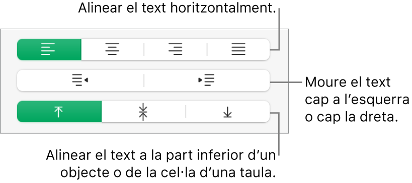 La secció Alineació, amb botons per alinear el text horitzontalment, moure’l a l’esquerra o la dreta i alinear-lo verticalment.