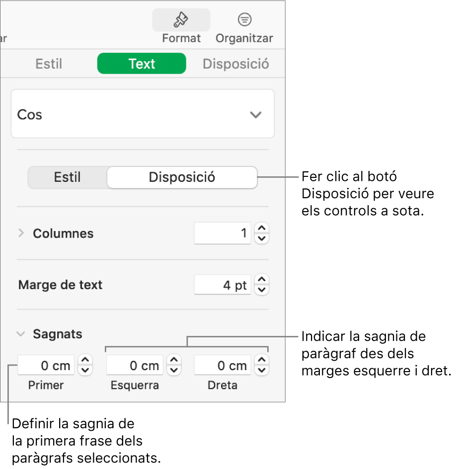 La secció Disposició de la barra lateral Format, amb controls per ajustar la sagnia de la primera línia i els marges de paràgraf.