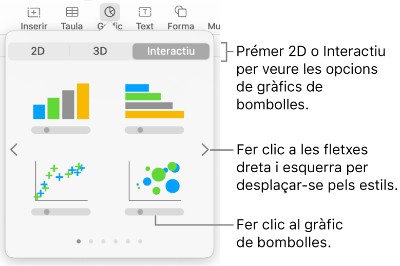 El menú Gràfic mostrant gràfics interactius, inclosa una opció de gràfic de bombolles.