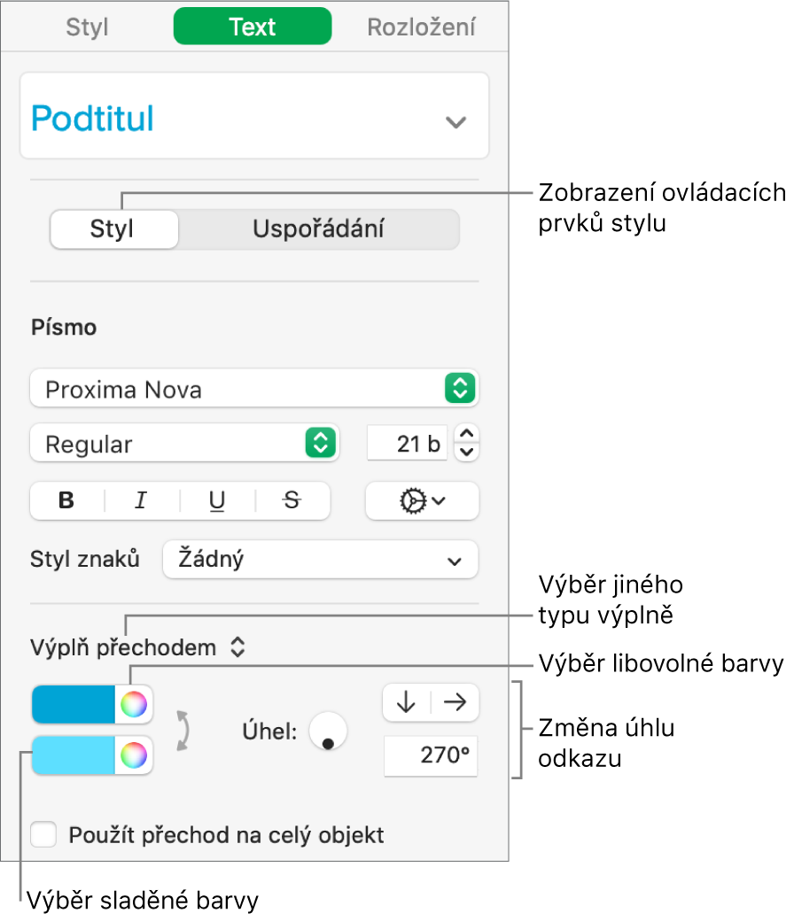 Boční panel Text se znázorněním způsobu, jak změnit barvu textu