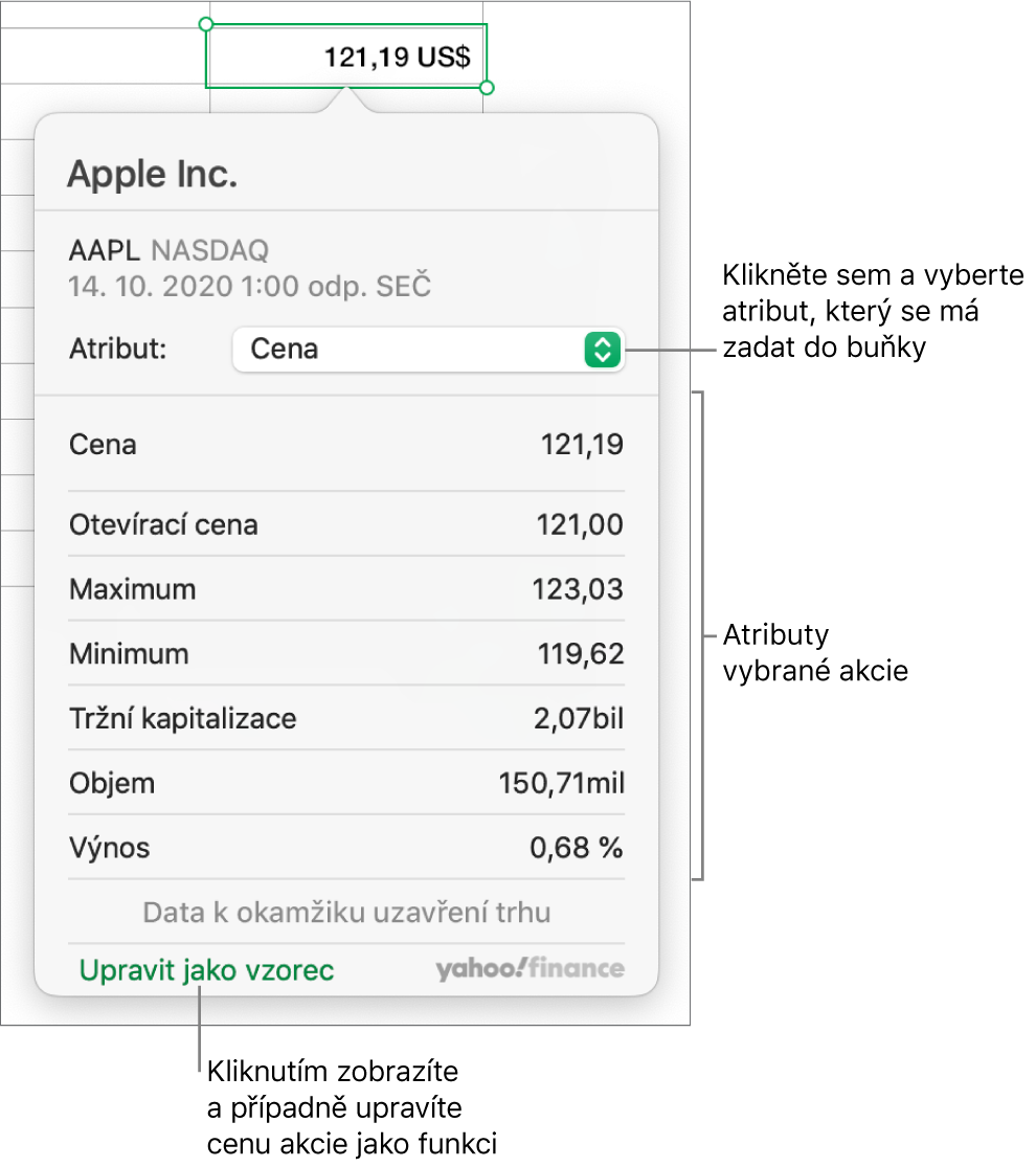 Dialogové okno pro zadávání informací o atributech akcií s vybranými akciemi Applu
