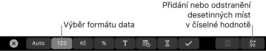 Touch Bar MacBooku Pro s ovládacími prvky pro výběr formátu dat a přidání nebo odebrání desetinných míst čísel