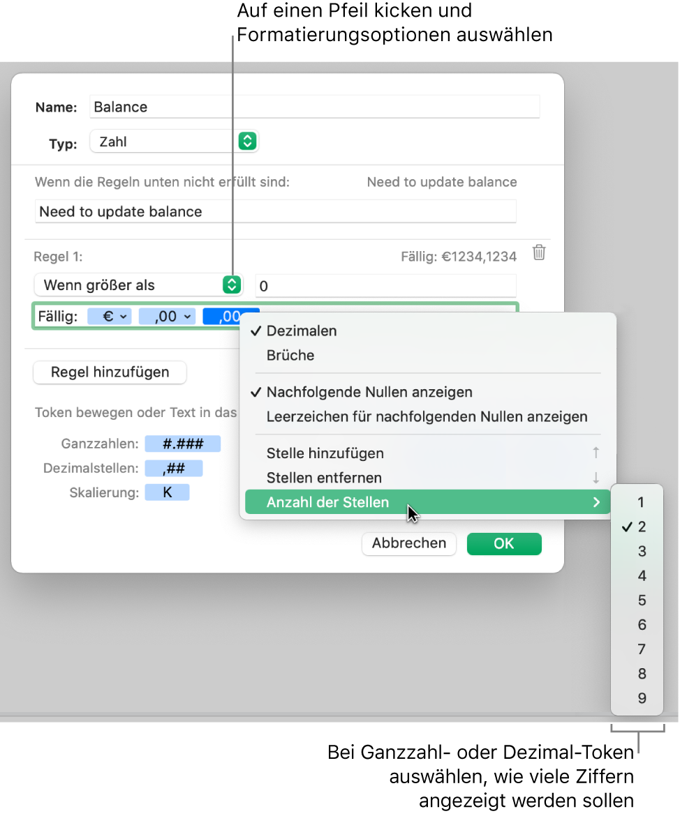 Das Fenster für ein eigenes Zellenformat mit Steuerelementen zum Auswählen eigener Formatierungsoptionen