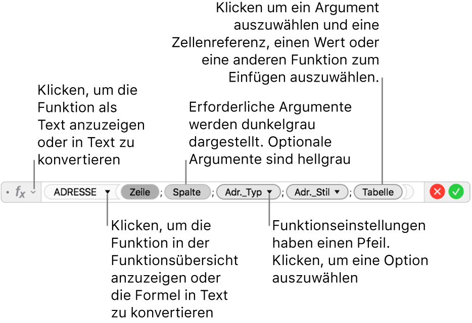 Der Formeleditor mit der Funktion ADRESSE und ihren Argumente-Token