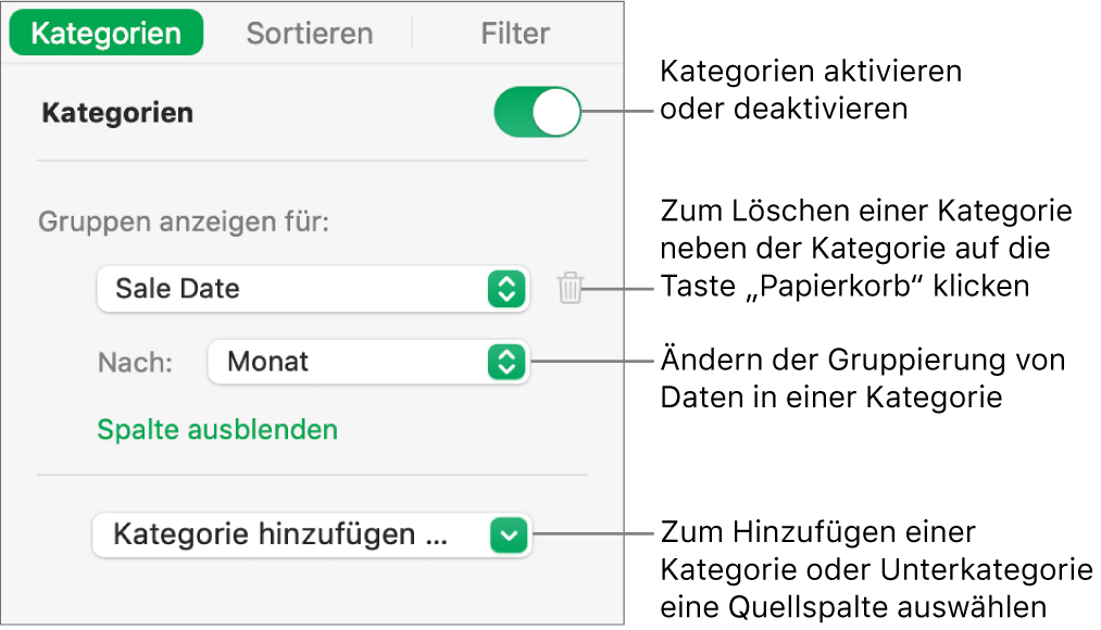 Die Seitenleiste „Kategorien“ mit Optionen zum Deaktivieren von Kategorien, Löschen von Kategorien, Neugruppieren von Daten, Ausblenden einer Quellenspalte und Hinzufügen von Kategorien