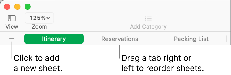 The tab bar for adding a new sheet and reorganising sheets.