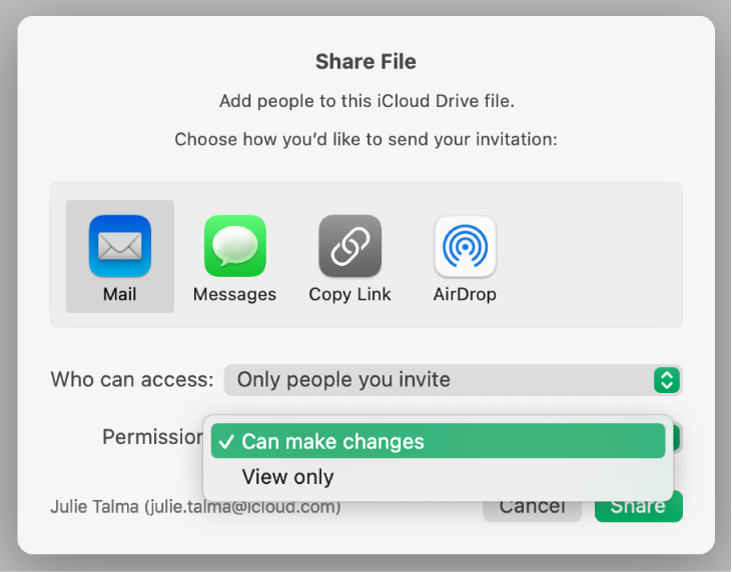 The collaboration dialog with the Permission pop-up menu open and “Can make changes” selected.
