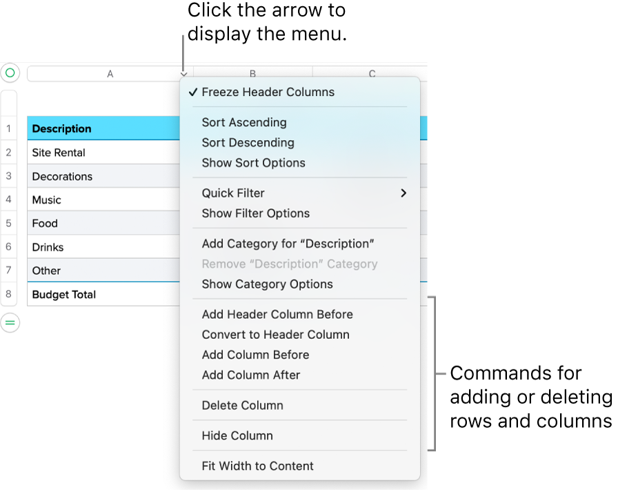 The table column menu with commands for adding or deleting rows and columns.