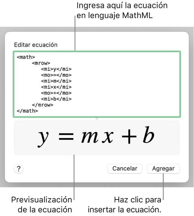 La ecuación de la pendiente de una recta en el campo “Editar ecuación” y la previsualización de la fórmula a continuación.