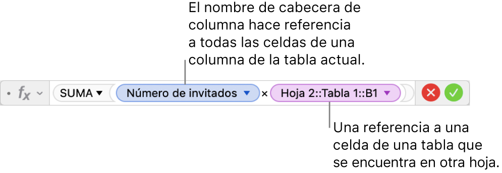 El editor de fórmulas con una fórmula que hace referencia a una columna de una tabla y una celda de otra tabla.