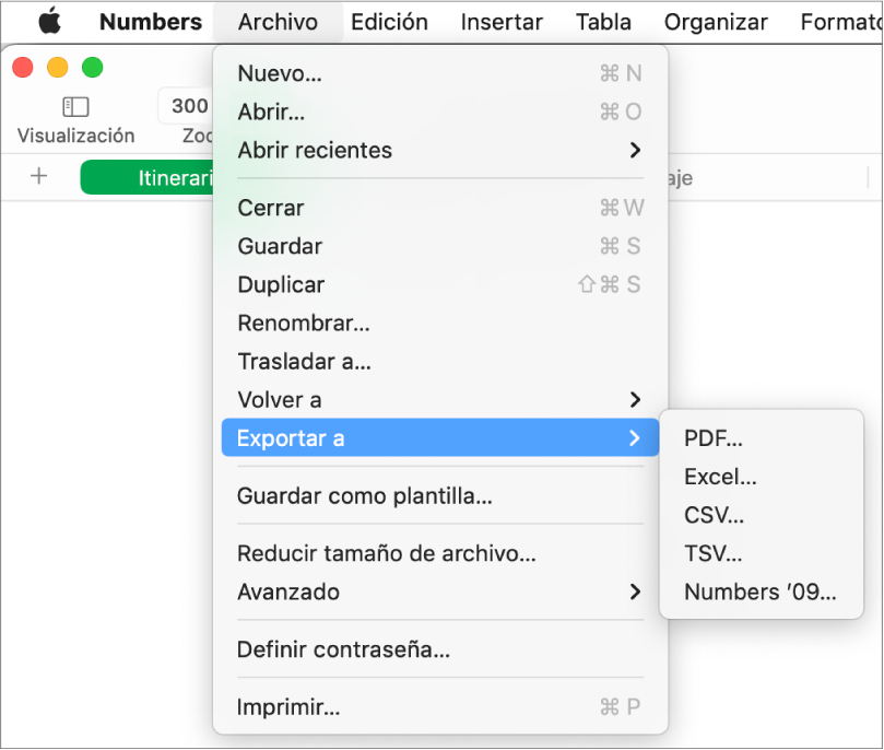 El menú Archivo abierto con la opción “Exportar a” seleccionada y con el submenú donde se muestran las opciones de exportación a PDF, Excel, CSV y Numbers ’09.
