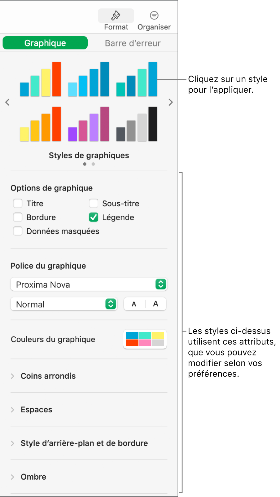 Barre latérale de mise en forme avec les commandes permettant de mettre en forme les graphiques.