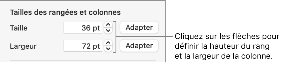 Commandes permettant de définir une taille précise de rangée ou de colonne.