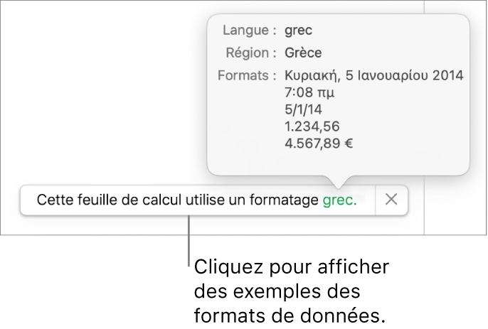 La notification du réglage de langue et de région différent affichant des exemples de la mise en forme correspondant à cette langue et à cette région.