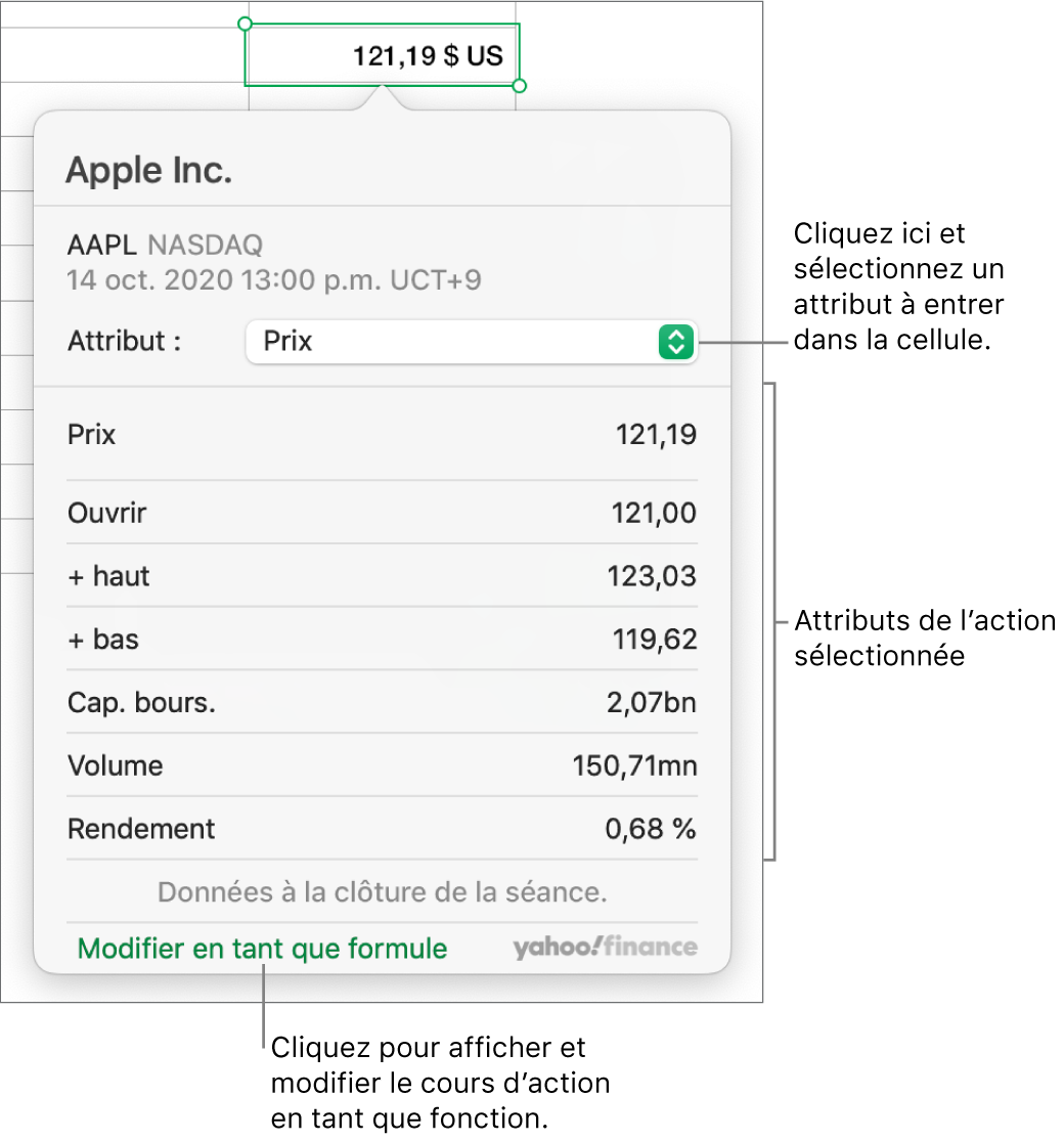 Zone de dialogue dans laquelle saisir des informations sur l’attribut de l’action, Apple étant l’action sélectionnée.