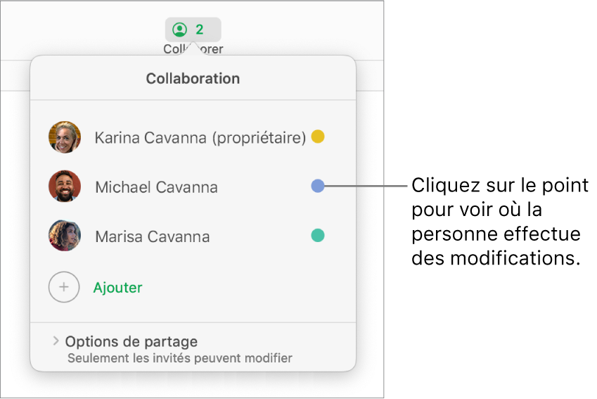 La liste des participants comprend trois participants et un point de couleur différente à droite de chaque nom.