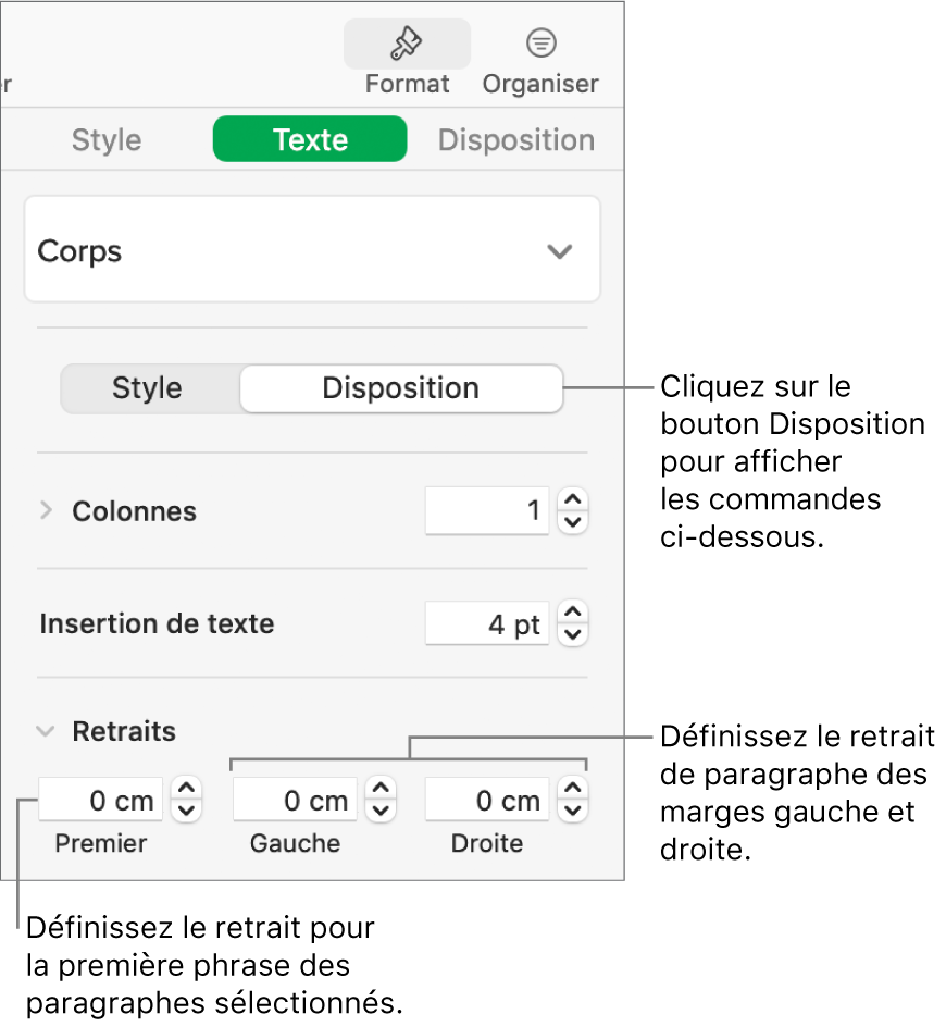 La section Disposition de la barre latérale Format, présentant les commandes définissant le retrait de première ligne et les marges de paragraphe.