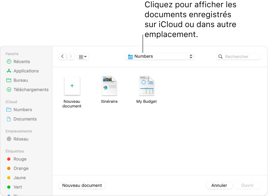 La boîte de dialogue Ouvrir avec la barre latérale s’ouvre à gauche et le lecteur iCloud Drive sélectionné apparaît dans le menu contextuel en haut de l’écran. Les dossiers de Keynote, Numbers et Pages apparaissent dans la boîte de dialogue ainsi qu’un bouton Nouveau document.