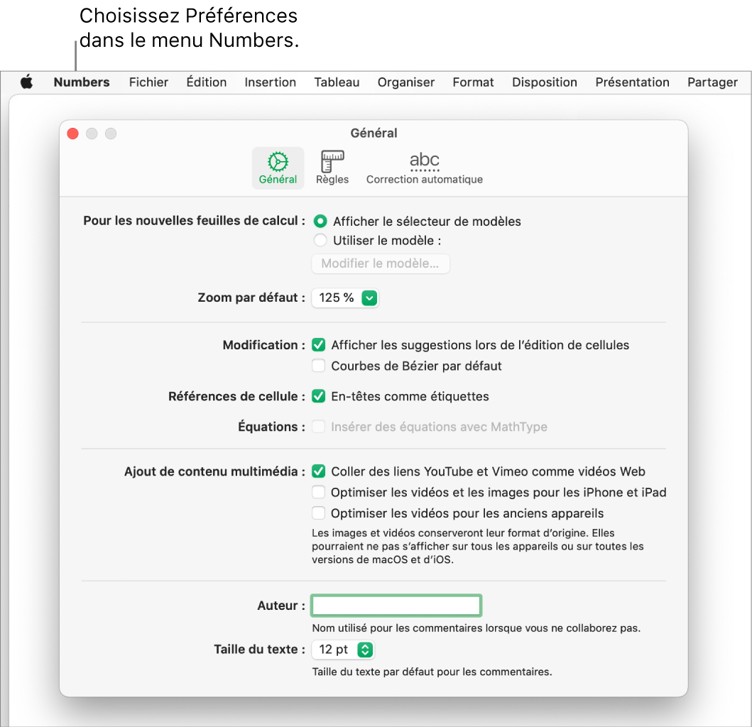 Zone de dialogue des Préférences Numbers, affichant la sous-fenêtre de réglages Général