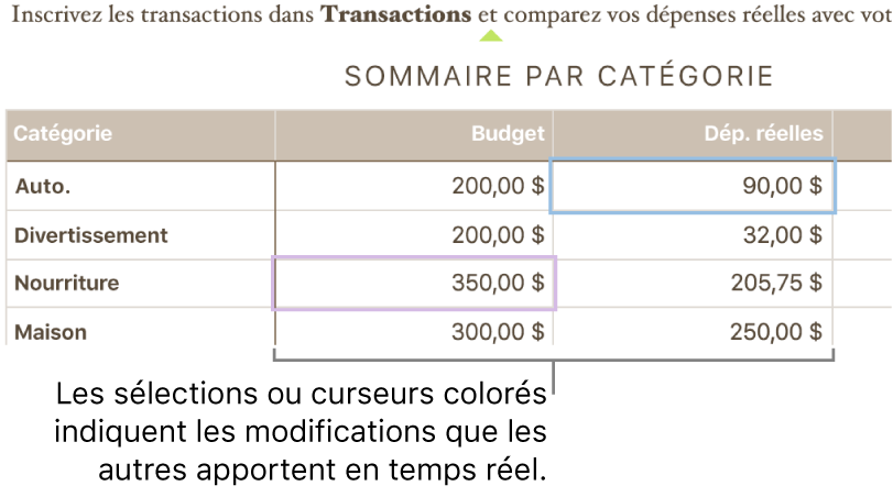 Triangles colorés sous le texte pour indiquer les endroits où les collaborateurs apportent des modifications.