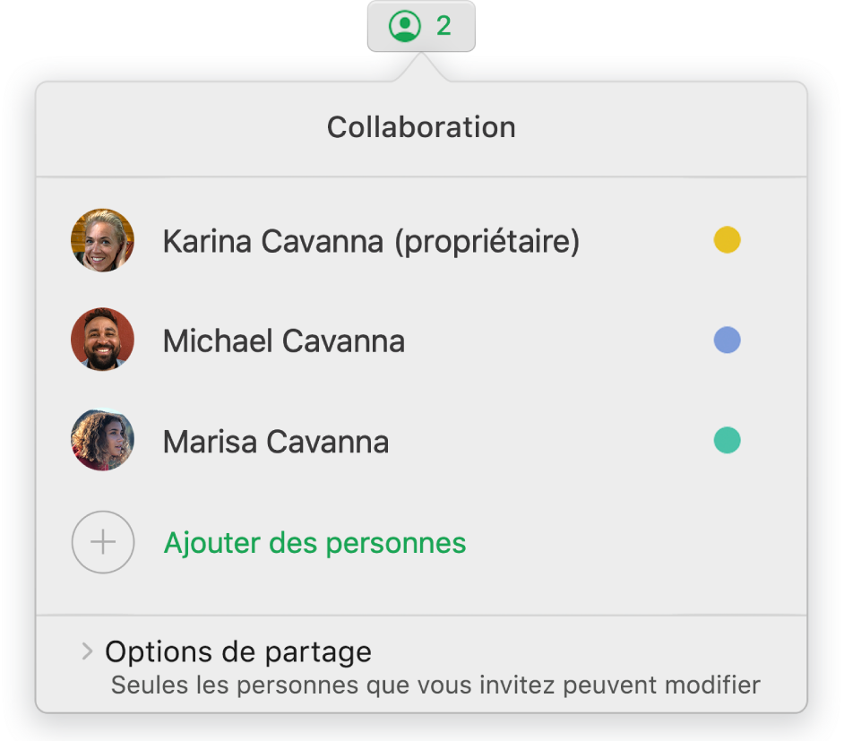 Le menu Collaboration affichant le nom des personnes qui collaborent sur la feuille de calcul. Les options de partage se trouvent sous les noms.