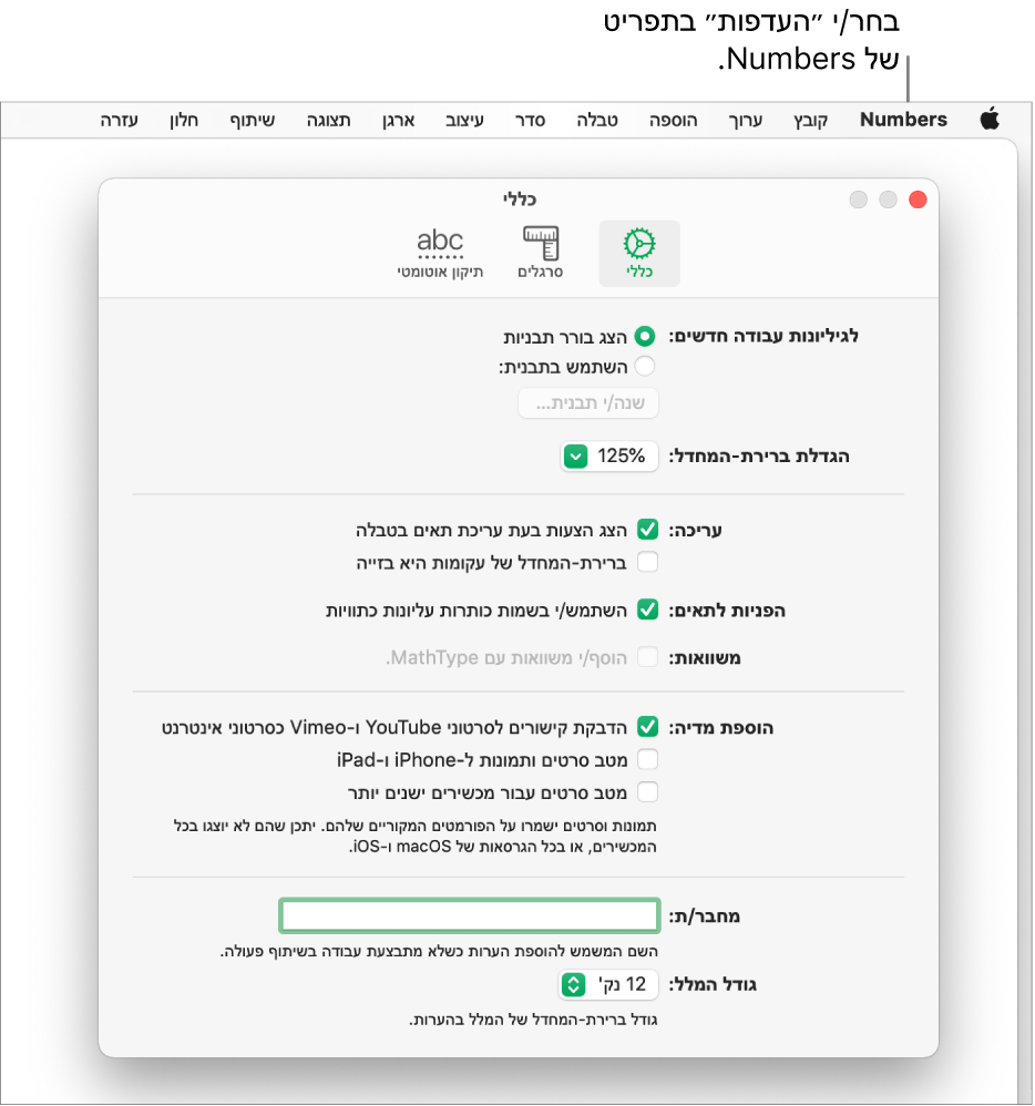 תיבת הדו-שיח ״העדפות Numbers״ מציגה את לוח ההגדרות ״כללי״.
